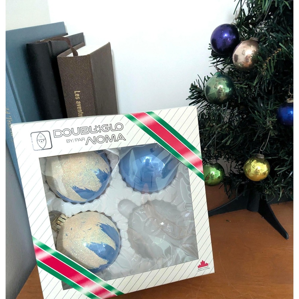 Vintage Blue Glass Christmas Ornaments Set Double Glo Noma Glitter Snow
